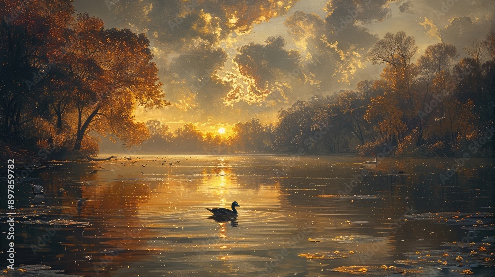 Calm river with evening reflections