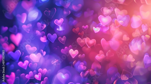 Light neon lighting bokeh valentine background, Abstract background with light blue hearts bokeh, Valentine's Day Wallpaper