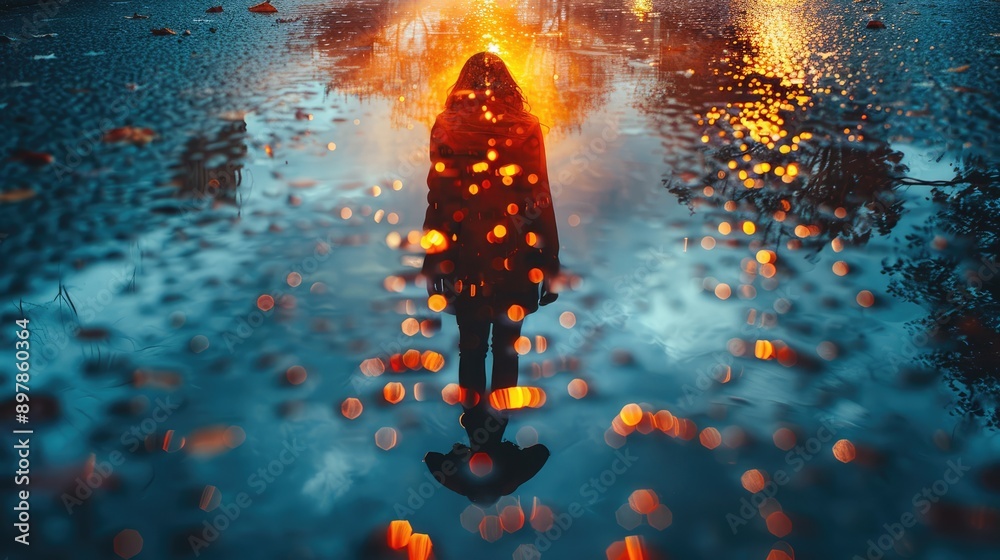 Capture a reflection of a person walking on a wet street after rain.
