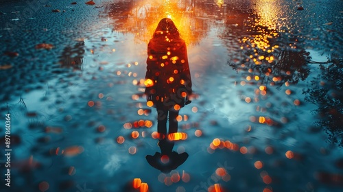Obraz na płótnie Capture a reflection of a person walking on a wet street after rain. w salonie