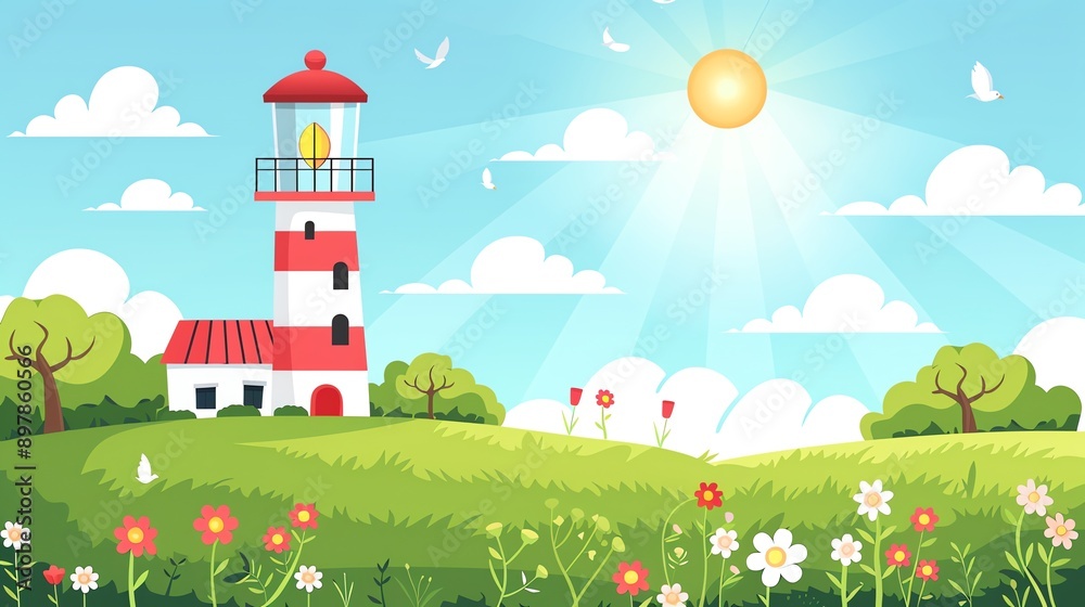 Naklejka premium Colorful Lighthouse Landscape Illustration.