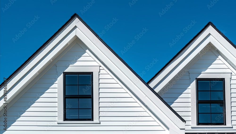 The gable roof on an American suburban home. Architecture home. roof with window. blue sky. daytime. anthropic style. Generative AI. The gable roof on an American suburban home. Architecture home. roof with window. blue sky. daytime. anthropic style. Generative AI.