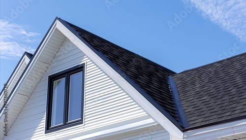 The gable roof on an American suburban home. Architecture home. roof with window. blue sky. daytime. anthropic style. Generative AI.