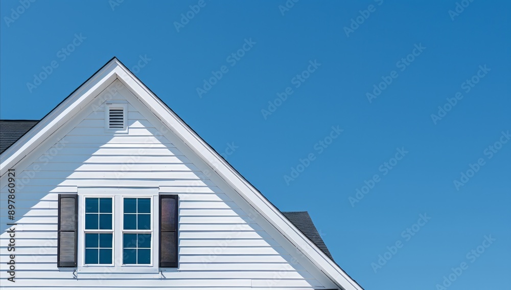 The gable roof on an American suburban home. Architecture home. roof with window. blue sky. daytime. anthropic style. Generative AI. The gable roof on an American suburban home. Architecture home. roof with window. blue sky. daytime. anthropic style. Generative AI.