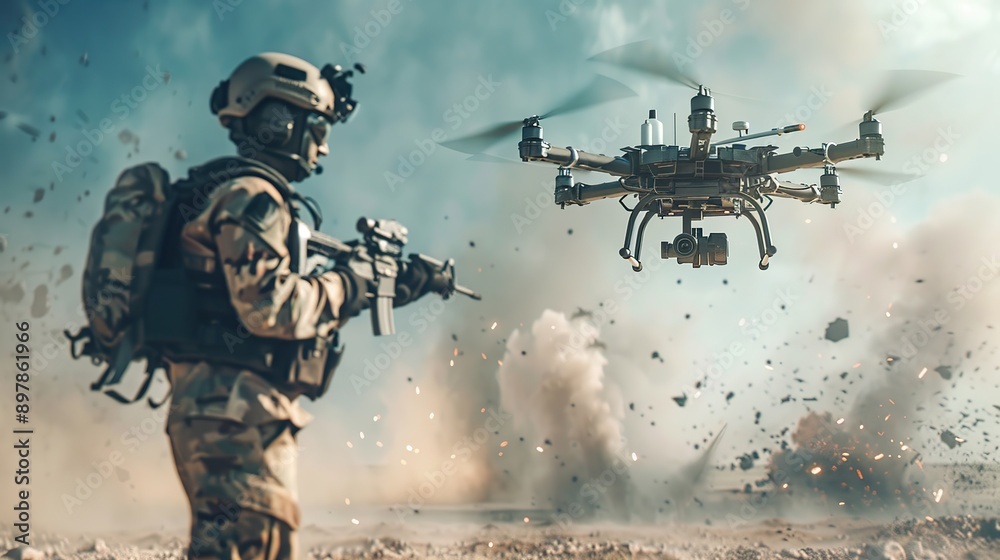 Soldier UAV operator launches army drone with bomb to drop into enemy fortifications and trenches. Concept using military robots in modern warfare.copy space for text.