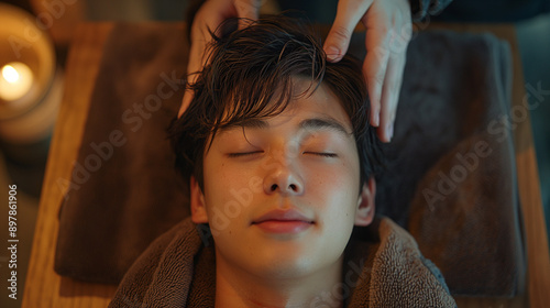 ヘッドスパを受ける男性
