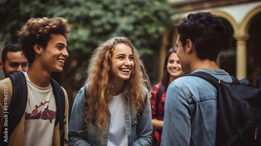 Excited students gathering in the school courtyard Excited students gathering in the school courtyard
