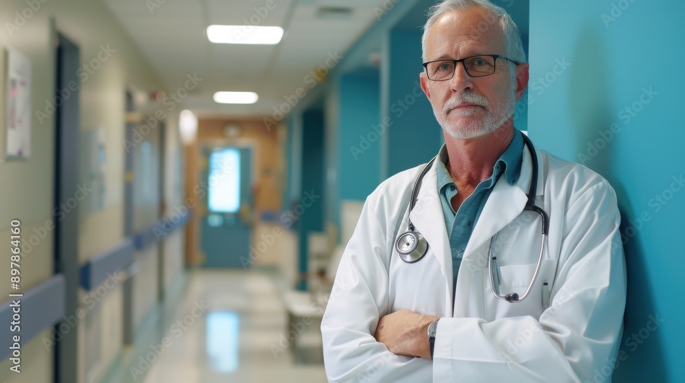 Medical doctor with stethoscope on shoulder in a modern hospital setting