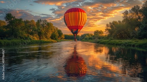 Capture the reflection of a colorful hot air balloon in a river.