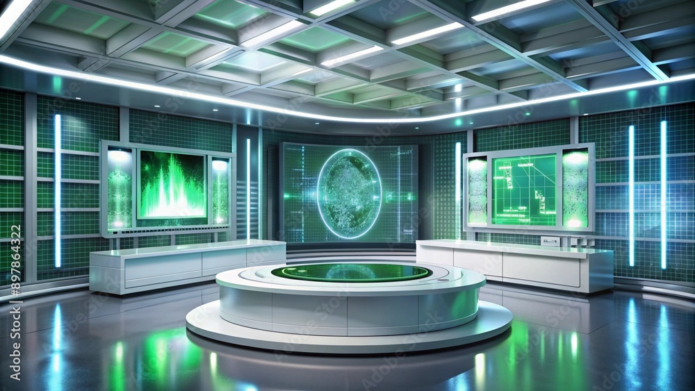 A modern, glossy white podium with subtle green lighting accents, placed in a high-tech lab setting. The background features transparent screens displaying scientific data and equipment. A modern, glossy white podium with subtle green lighting accents, placed in a high-tech lab setting. The background features transparent screens displaying scientific data and equipment.