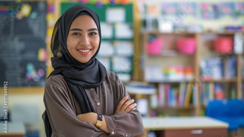 Confident Arab Female School Teacher Smiling in Classroom Environment, Promoting Education and Diversity