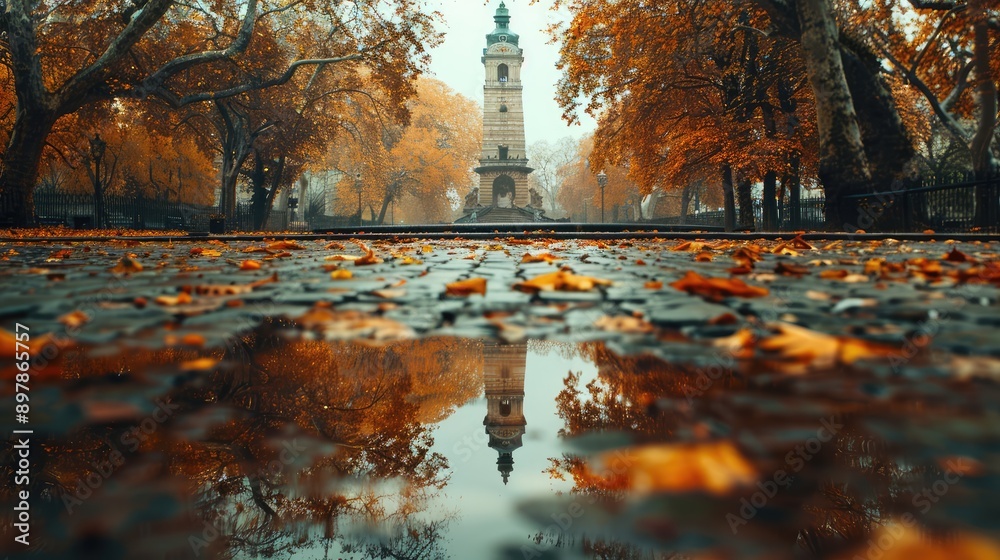 Capture the reflection of a historical monument in a fountain.
