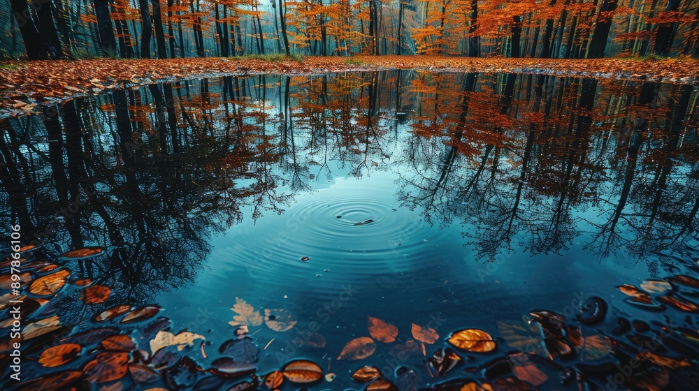 Capture the reflection of trees on the surface of a still pond.