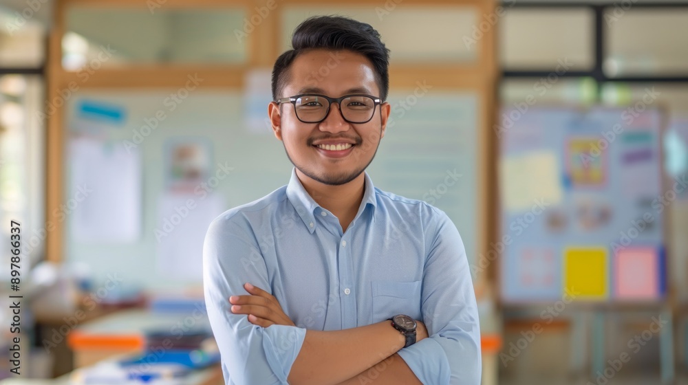 Friendly Indonesian Male Teacher Smiling in Classroom for Education and Diversity Concepts Friendly Indonesian Male Teacher Smiling in Classroom for Education and Diversity Concepts