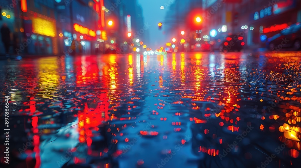 Capture the reflections of city lights in wet pavement.