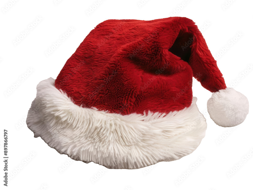 A traditional Santa hat with a fluffy white trim and pom-pom on transparent background