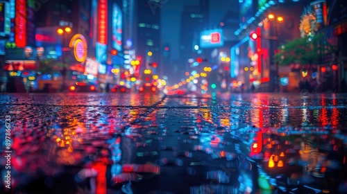 Capture the reflections of city lights in wet pavement.