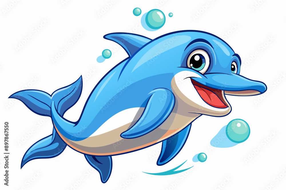Obraz premium Funny Dolphin Vector Illustration Cartoon, Clipart, and Line Art Design, Playful dolphin vector illustration cartoon, clipart, and line art design on white background.