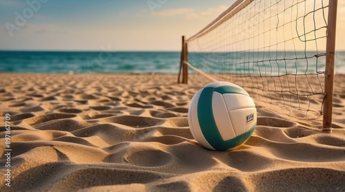 Beach volleyball court at sunset with a ball on the sand, depicting a perfect seaside sports setting.