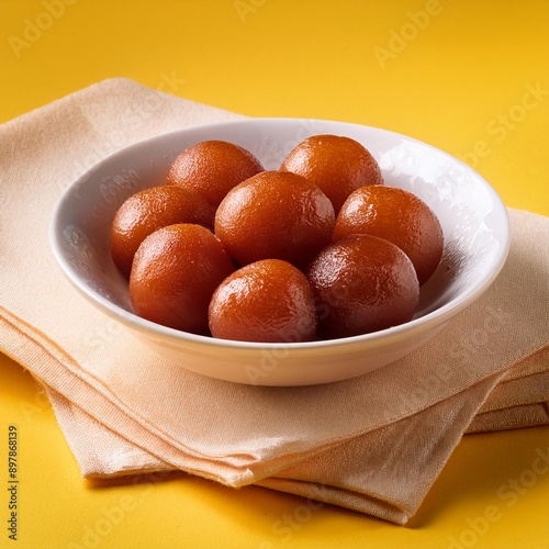 Indian sweet food gulab jamun on yellow background photo