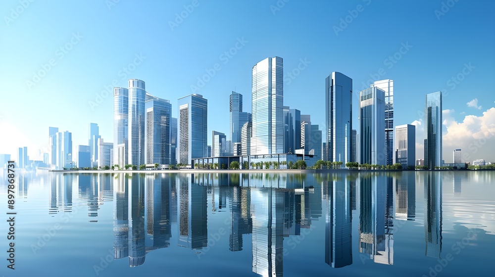 Fototapeta premium Sleek Cityscape with Towering Skyscrapers Reflecting in Water, Symbolizing Urban Development and Corporate Growth