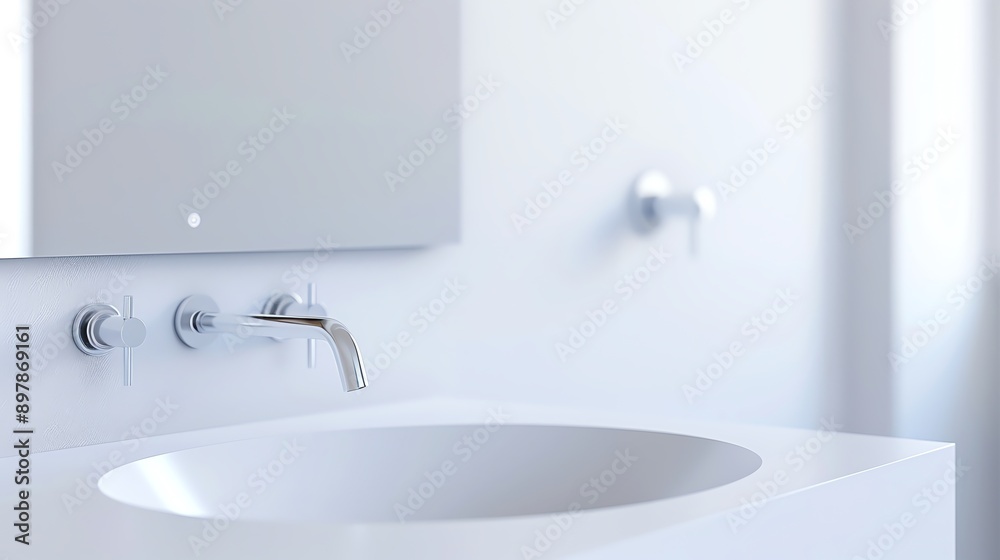 Fototapeta premium A clean, modern bathroom sink featuring sleek faucet and minimalist design with a bright, airy atmosphere.