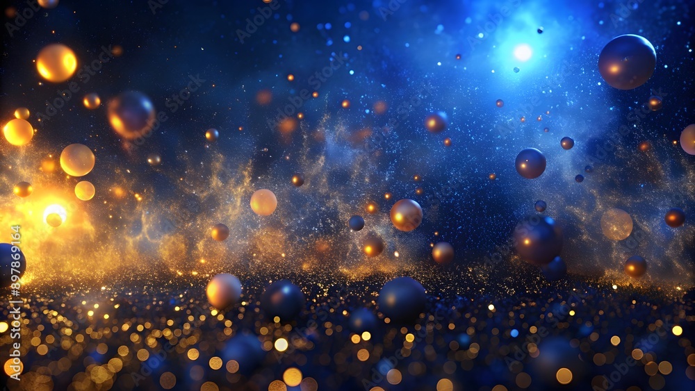 Abstract background with dark blue and gold particles, golden Christmas light particles shine bokeh on a dark blue background, gold foil texture concept Abstract background with dark blue and gold particles, golden Christmas light particles shine bokeh on a dark blue background, gold foil texture concept