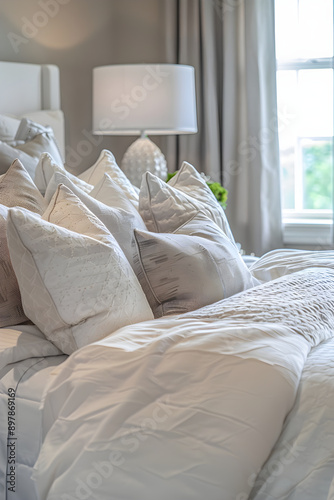 Serene Bedroom with Plush Linens and Elegant Bedding Arrangement in Calming Neutral Palette