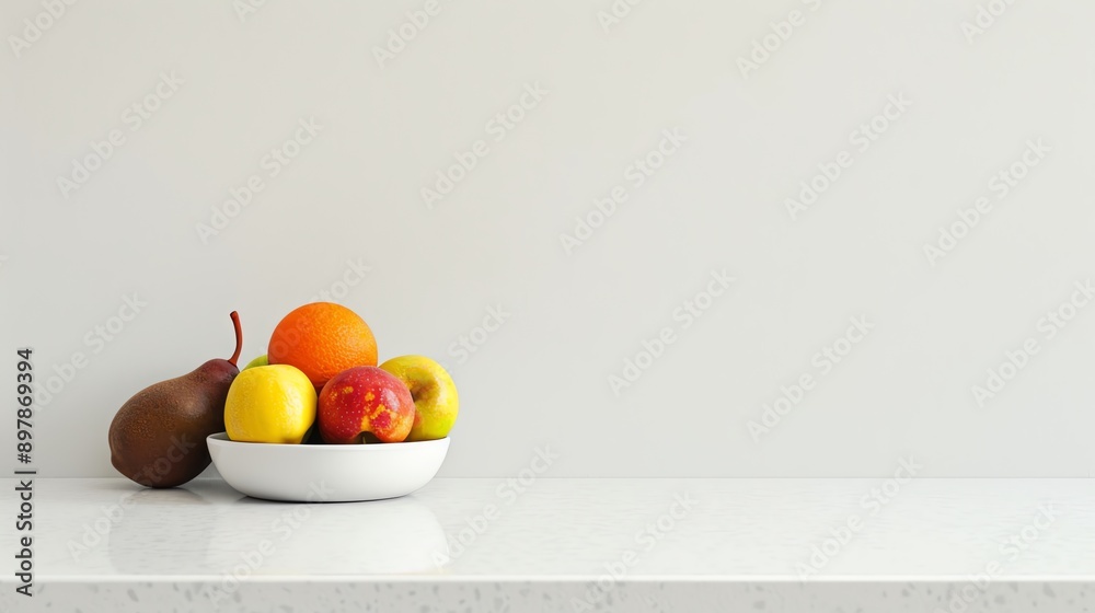A vibrant bowl of assorted fresh fruits beautifully displayed on a minimalist counter, perfect for healthy lifestyle themes. A vibrant bowl of assorted fresh fruits beautifully displayed on a minimalist counter, perfect for healthy lifestyle themes.