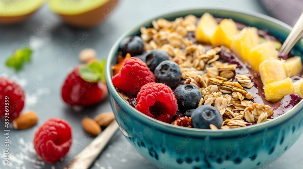 A vibrant bowl of granola topped with fresh raspberries, blueberries, and pineapple, perfect for a healthy breakfast. A vibrant bowl of granola topped with fresh raspberries, blueberries, and pineapple, perfect for a healthy breakfast.