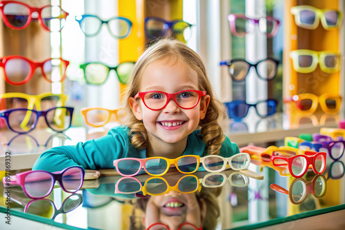 A colorful array of glasses frames and mirrors fill a cheerful optician's table, awaiting a young girl's selection of her perfect new spectacles.
