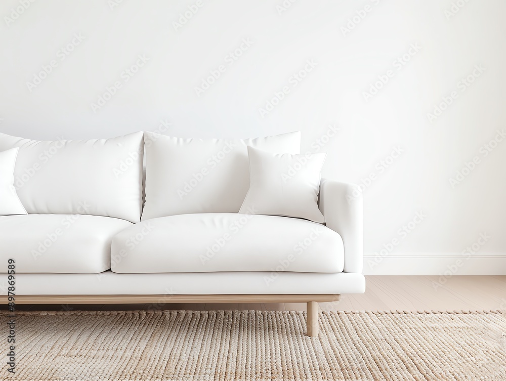 Elegant white sofa with plush pillows, set against a minimalistic backdrop, ideal for contemporary living spaces. Elegant white sofa with plush pillows, set against a minimalistic backdrop, ideal for contemporary living spaces.