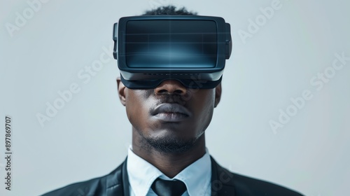 Professional black businessman wearing virtual reality headset, engaged in immersive technology experience, showcasing modern innovation in business. © pprothien
