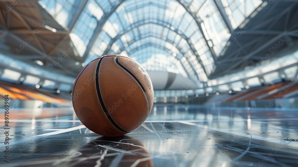 Basketball resting on a glossy floor. Basketball resting on a glossy floor.