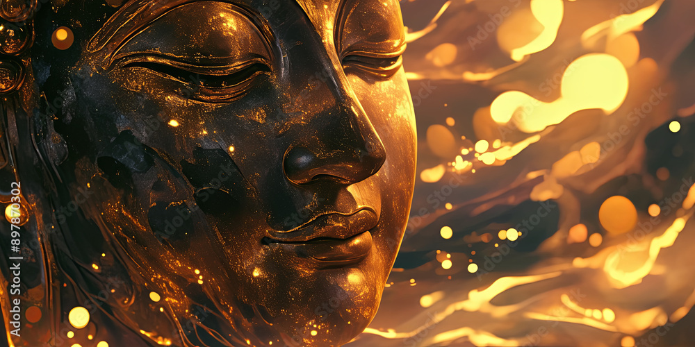 Obraz premium close up of golden and black glitter on the face, Buddha statue, generative AI