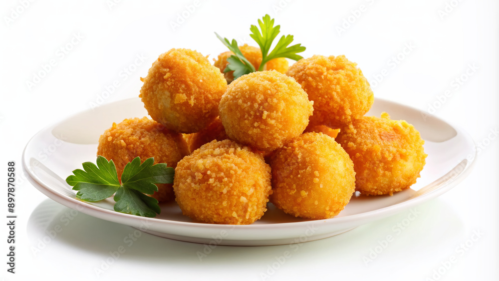 Golden crispy cheese croquettes arranged artfully on a pristine white plate, isolated on a pure white background, enticingly presented for a culinary delight. Golden crispy cheese croquettes arranged artfully on a pristine white plate, isolated on a pure white background, enticingly presented for a culinary delight.