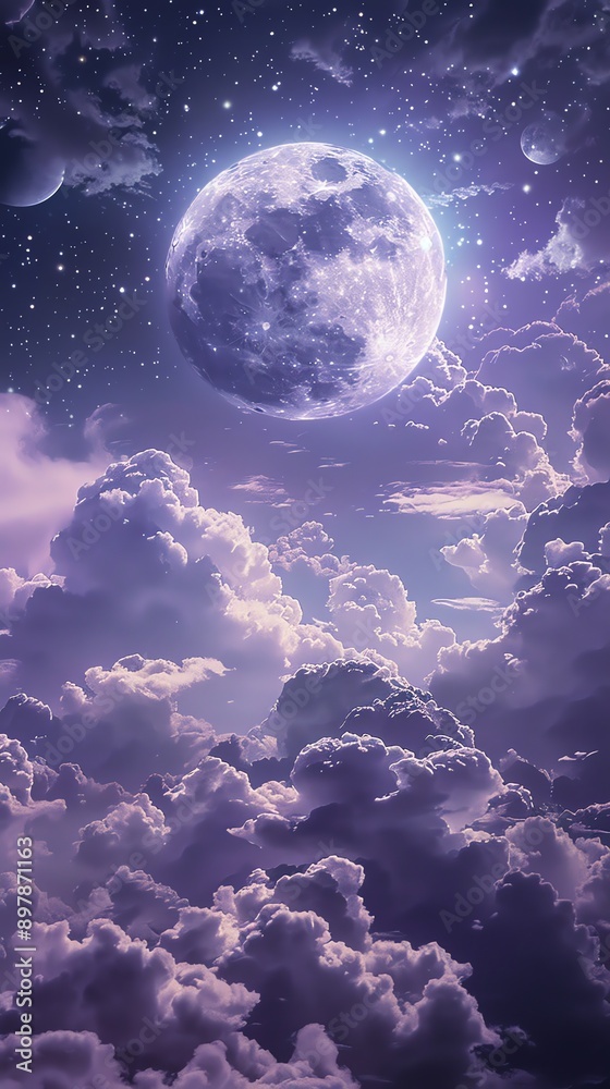 Dreamy Purple Night Sky with Full Moon and Clouds.