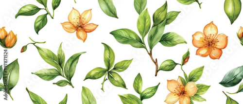 Tea leaves and flower pattern background2