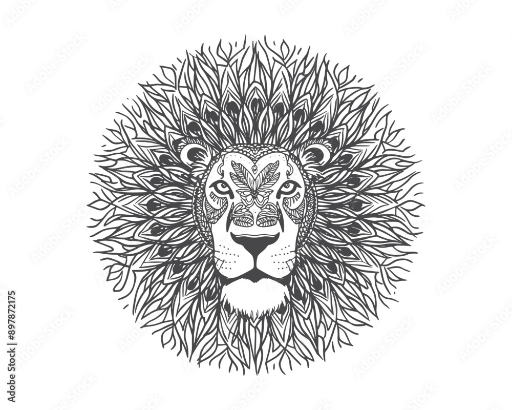 lion face line art mandala design