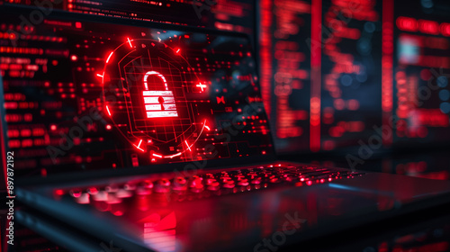 data security breach digital system hacked internet cyber attack alert with red padlock virtual display over a laptop