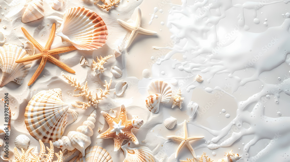 A beautiful collection of seashells and starfish on a sandy beach with foamy water washing over them. A beautiful collection of seashells and starfish on a sandy beach with foamy water washing over them.