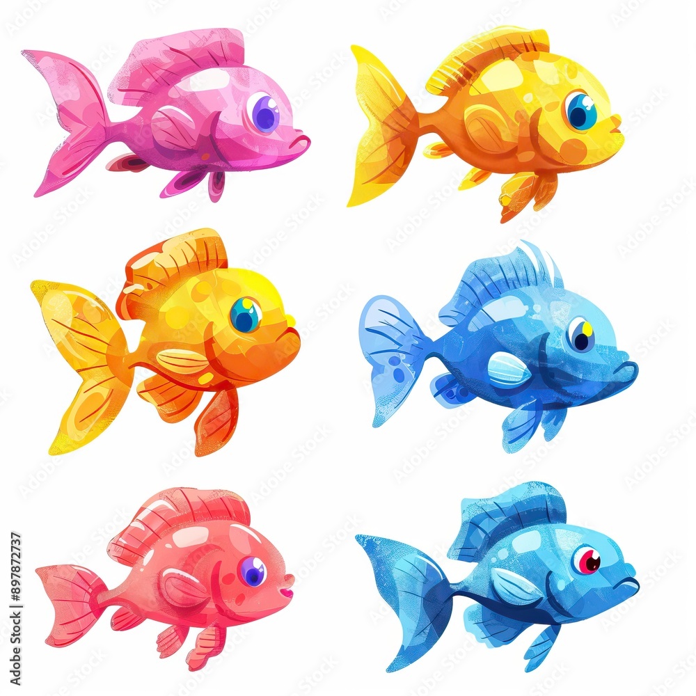 Set of cute cartoon fish with vibrant colors and unique personalities Set of cute cartoon fish with vibrant colors and unique personalities
