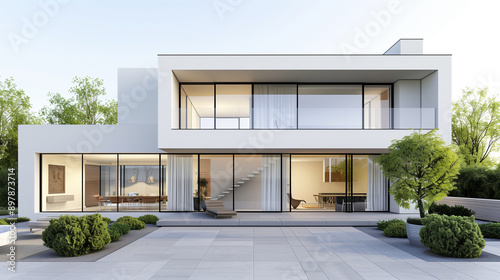 A sleek, contemporary house with large glass windows and minimalist design, featuring a spacious outdoor area with greenery and modern landscaping.