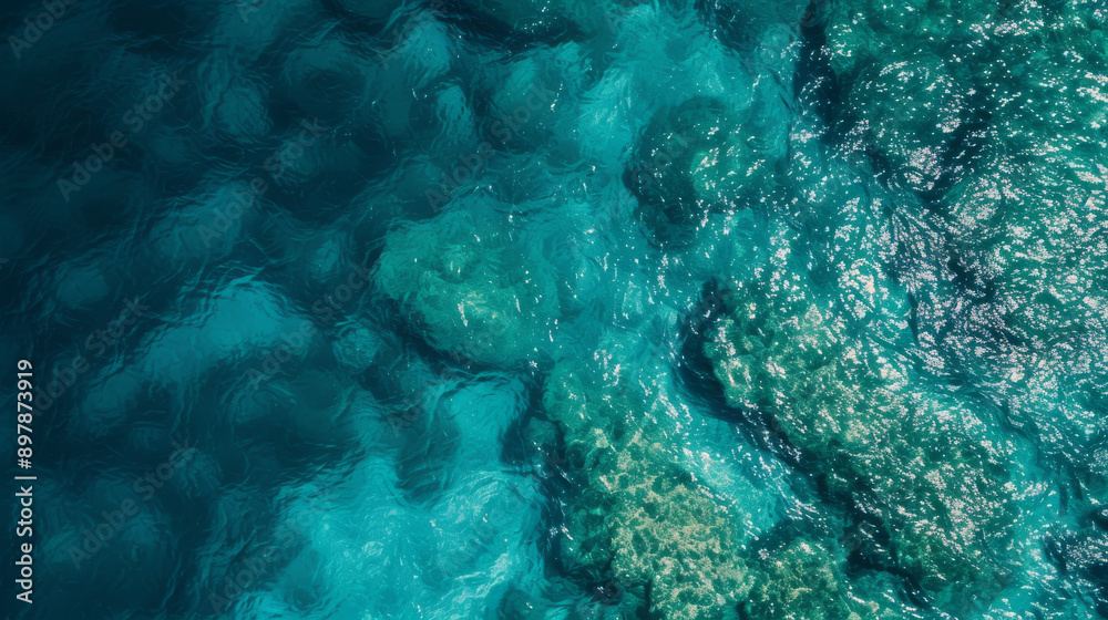 Aerial view of clear blue ocean water with rocky formations beneath the surface in sunlight Aerial view of clear blue ocean water with rocky formations beneath the surface in sunlight