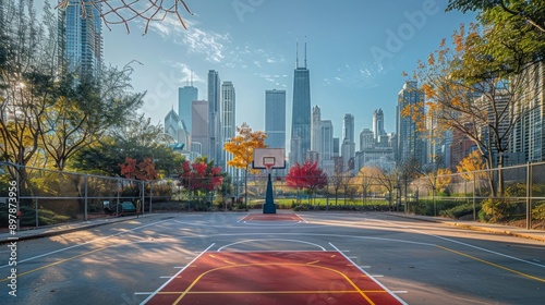 Empty outdoor basketball court with city skyline background