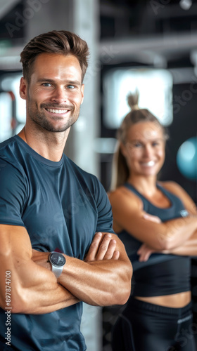 Attractive woman and man posing in Fitnesstudio. AI generatve.