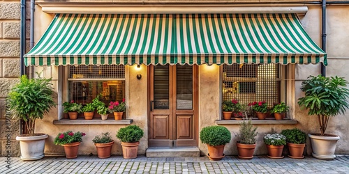 Vintage European shop facade with striped awning and plant pots , small, vintage, European, shop, facade, striped awning