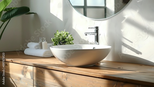 Modern Bathroom Sink, Mirror, and Wood Vanity