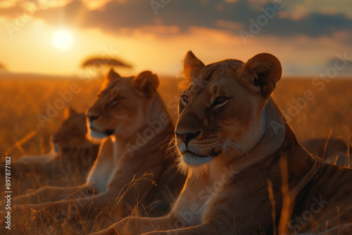 Serene African Sunset with Majestic Lions Resting on Savannah Grasslands photo