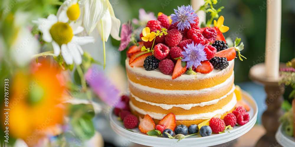 Layered Naked Cake with Fresh Berries and Edible Flowers on Elegant Cake Stand Layered Naked Cake with Fresh Berries and Edible Flowers on Elegant Cake Stand